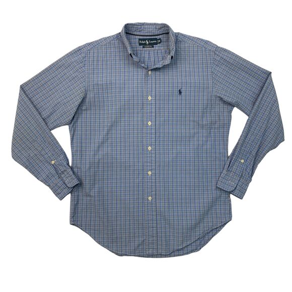 Ralph Lauren Shirt Mens M Blue Jay Button Up Plaid Classic Fit Cotton Drop Cut - Picture 1 of 11